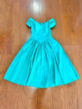 Vintage 80s 90s Teal dress off shoulder tea length party prom